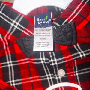 Plaid long sleeve shirt with bow tie and black pants